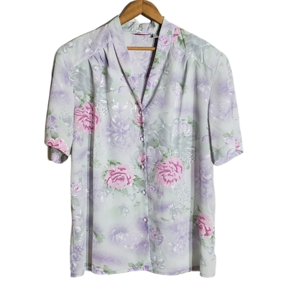 VINTAGE 80s Floral Print short sleeve blouse Shoulder pads Lilac pink SZ 16
